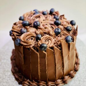 Chocolate Cake decorated with Chocolate Shards and Blueberry
