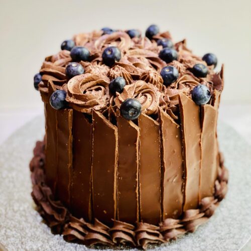Chocolate Cake decorated with Chocolate Shards and Blueberry