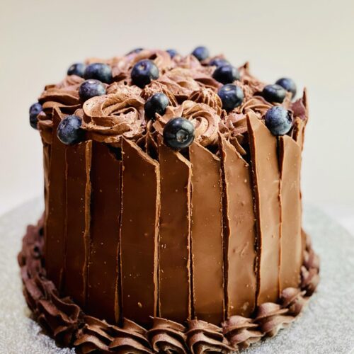Chocolate Cake decorated with Chocolate Shards and Blueberry