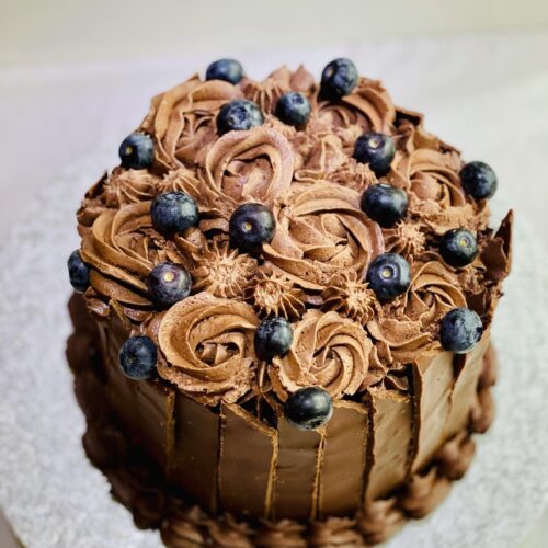Chocolate Cake decorated with Chocolate Shards and Blueberry
