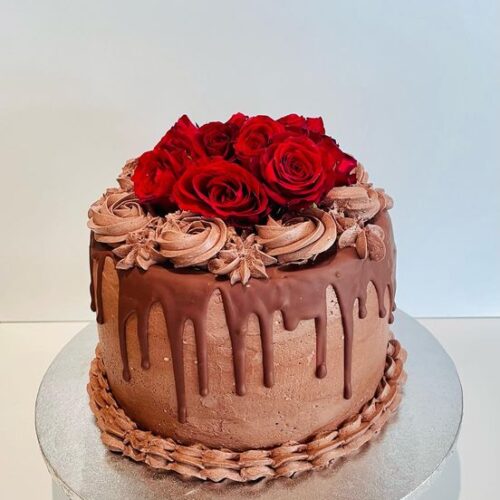 Chocolate Cake with Chocolate drops and Rose Flowers Topper