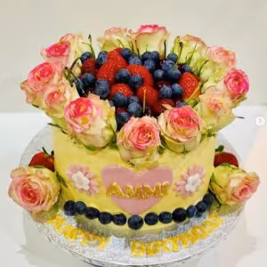 Velvet Cake decorated with Flowers and Fruits