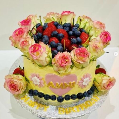 Velvet Cake decorated with Flowers and Fruits