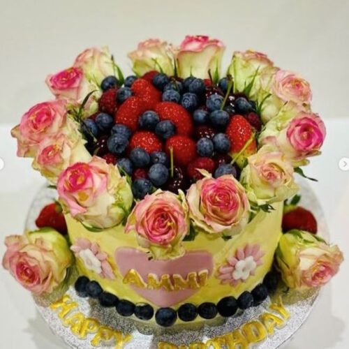 Velvet Cake decorated with Flowers and Fruits